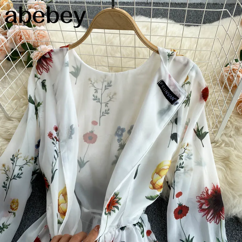 

Women Bohemian Floral Dress Korean Puff Sleeve O Neck A-line Dresses Spring Casual Vacation Print Ruffles Long Dress