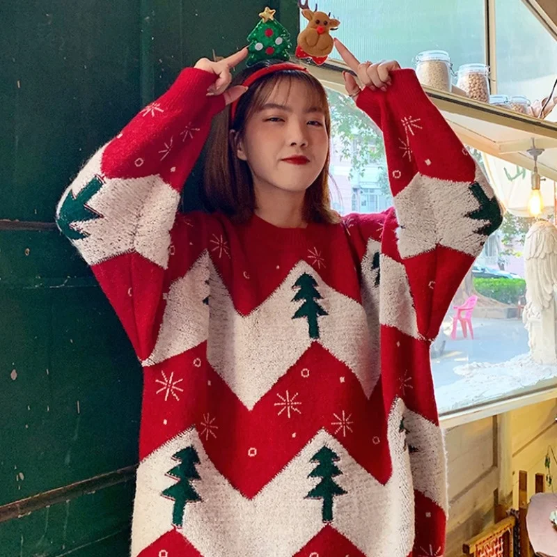 

Woman Sweaters 2021 New Korean Fashion Commute All-match Round Neck Christmas Print Design Loose Knit Pullover Sweater