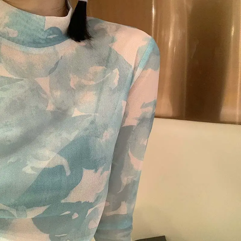 

Yedinas Vintage Flower Print Mesh Blouse Women Translucent Turtleneck Long Sleeve T-shirt Sexy See Through Designer Tops Korean