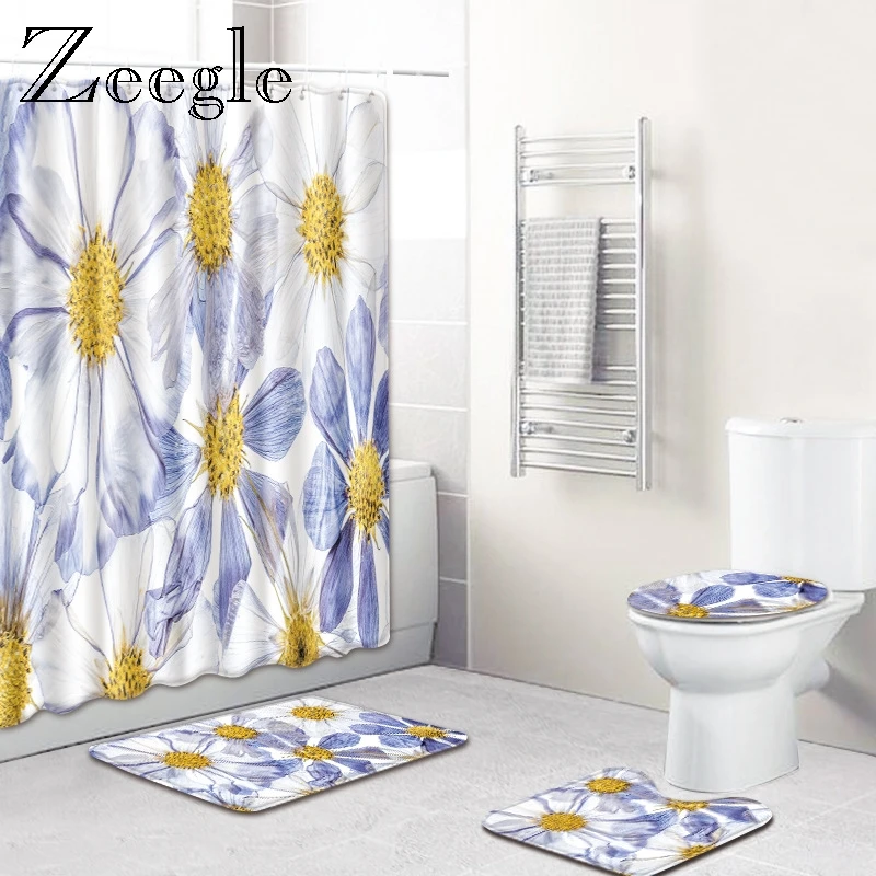 

Zeegle Waterproof Shower Curtain 180x180 cm with Bathroom Toilet Mat 4PCS Set Washing Machine Mat Floral Pattern Floor Rugs
