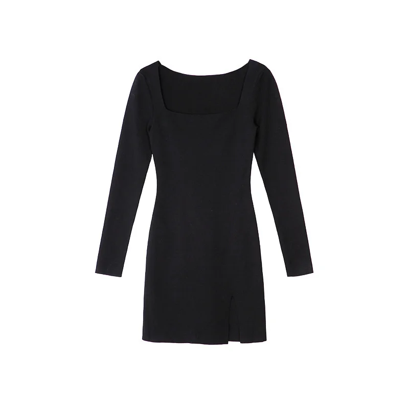 

DEAT 2021 New Spring And autumn Fashion Casual Long Sleeve Silk Sexy Black Large Neckline Split Knitted Dress Women SH531