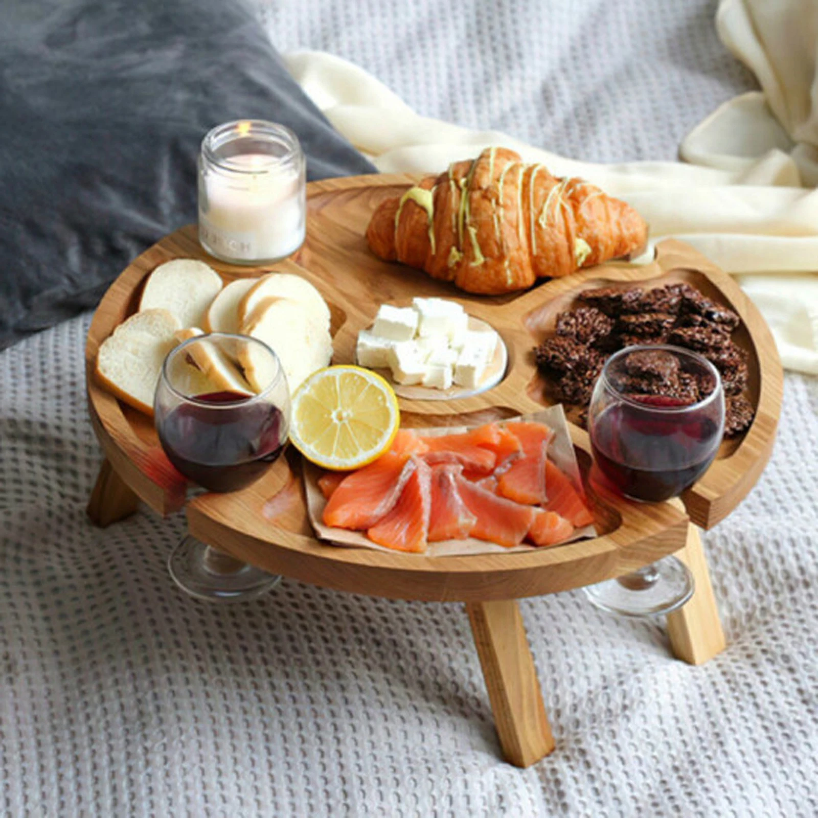 

Wooden Outdoor Folding Picnic-Table With Holder 2 In 1 Wine Glass Rack Hiking Camping Garden Round Desktop