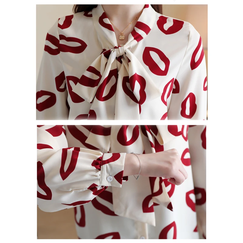 

2021 Spring New Elegant Bow Slim Women Blouse and Tops Printed Long Sleeve Chiffon Blouse Women Blusas Mujer De Moda 8280 50