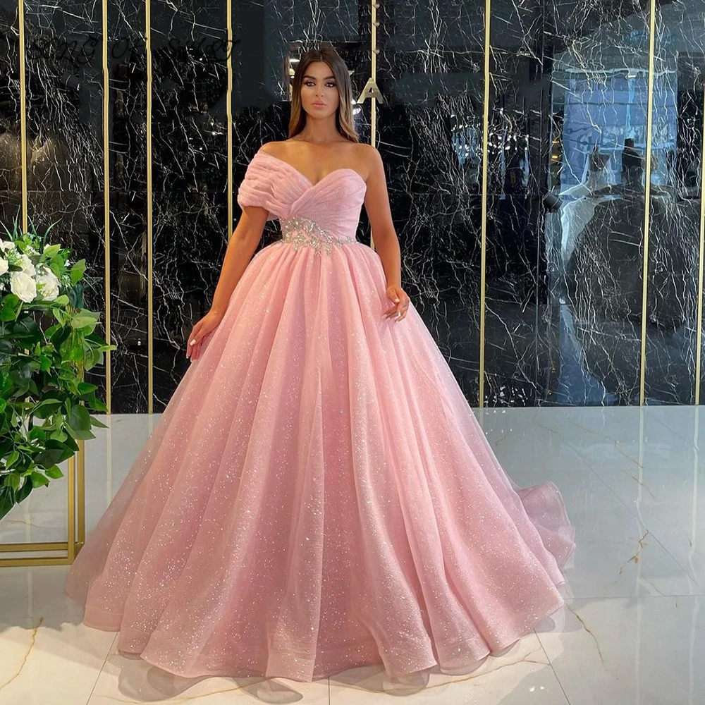 

Pink Ball Quinceanera Dresses Shiny Princess One Shoulder Floor Length Applique Formal Evening Party Gown Vestidos De Fiesta