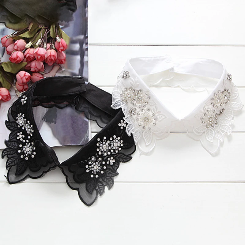 

Vintage Crystal Lace Ladies Front Tie White Fake Collar Stand Beads Detachable Collar Fake Women False Blouse Shirt Collar