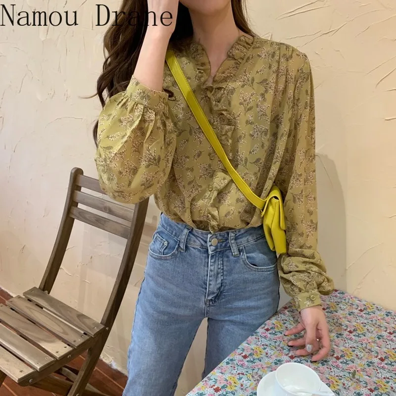 

2020 Summer Chiffon Floral Womens Tops and Blouses Long Sleeve V Neck Shirt Single Breasted Ruffle Blusas Top