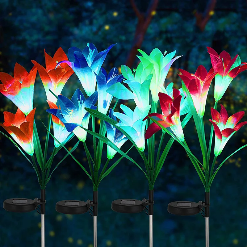 

4 Pack Solar Garden Stake Flower Lights, Outdoor Lily Flower Lights, Multi Color Changing LED Lily Solar Powered Lights