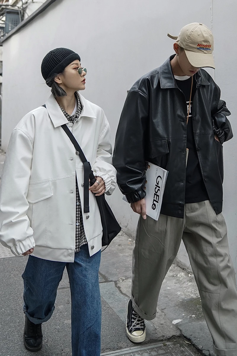 

2020 Spring And Autumn New Youth Popular Couple Solid Color Lapel Loose Leather Fashion Casual Plus Size Coat Jacket Black/White