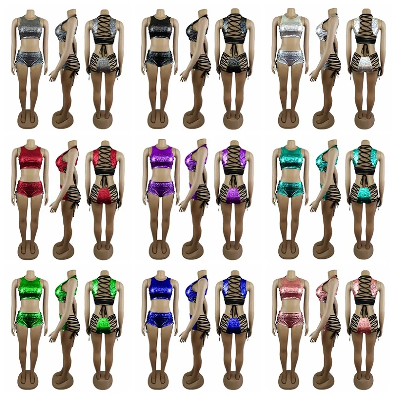 Женский голографический короткий топ и Горячие шорты комплект из 2 предметов