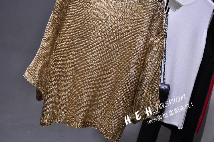 Qooth Shiny Lurex Sequin Sweater Women Long Sleeve Pullover Round Neck Golden Basic Shirt Knit Tops Jumper QH2174 | Женская одежда