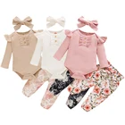 Одежда для новорожденных девочек; Сезон весна-осень; Вязаные боди с оборками для маленьких девочек; Топы + штаны с цветочным принтом + повязка на голову; Мягкая хлопковая одежда