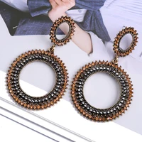 fashion vintage metal hollow dangle earrings high quality double round inlay rhinestone colgantes pendientes jewelry for women