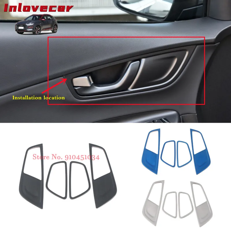 

For Hyundai Encino Kauai Kona 2017 2018 2019 2020 lnterior Inner Door Handle Trim Cover Frame Silver Stainless Steel New 4pcs