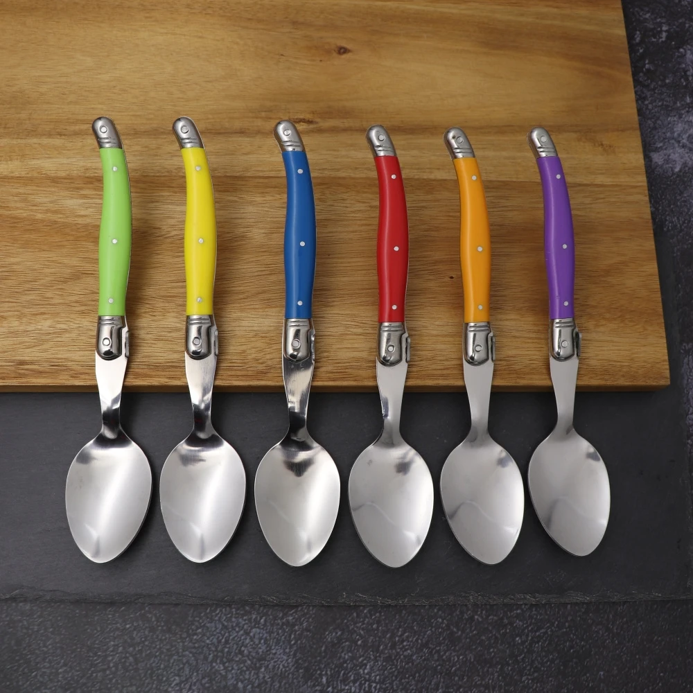 

6pcs Stainless Steel Laguiole Dinner Spoon Steak Knives Fork Big Large Tablespoon set Rainbow Handle Multi Color Cutlery Cafe