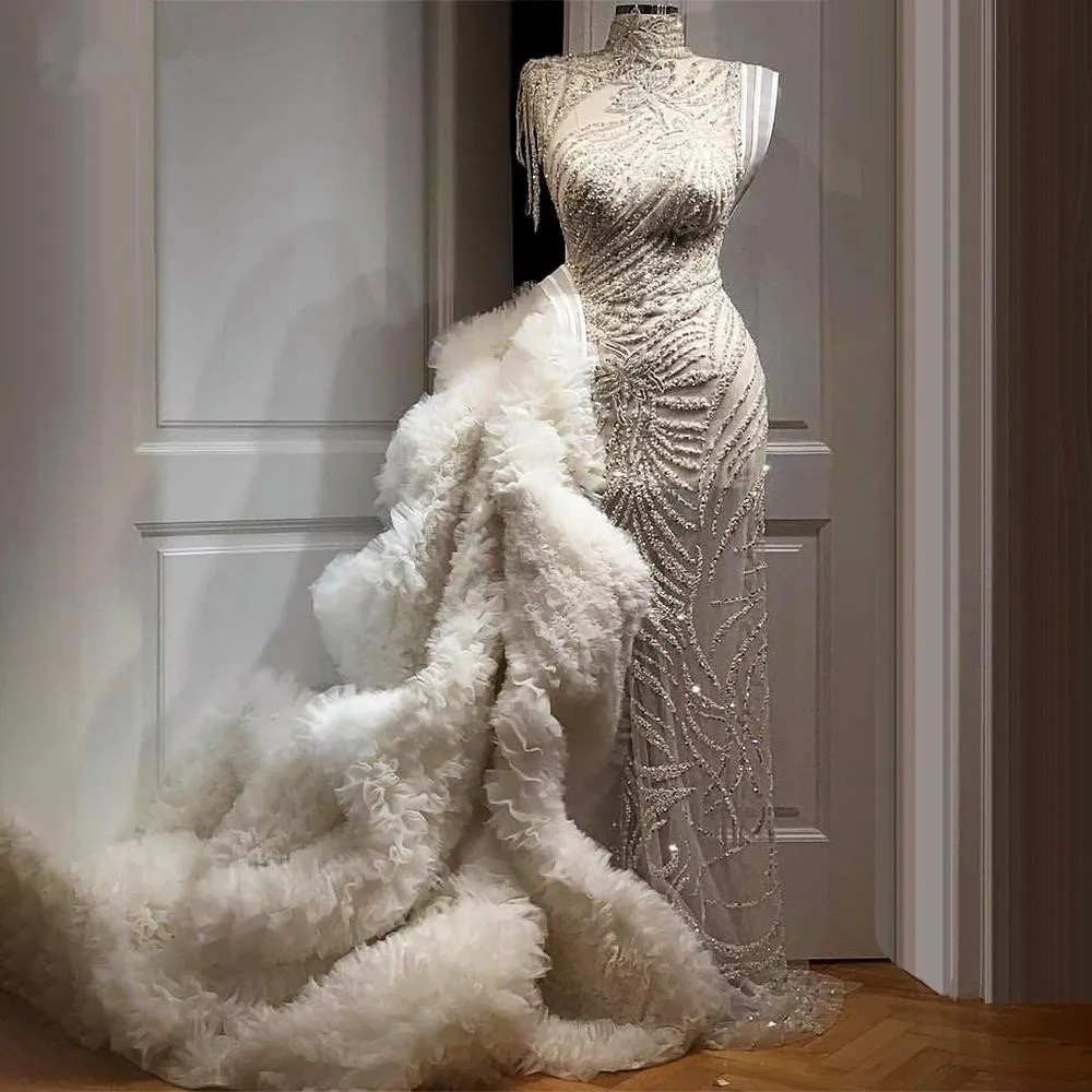 Major Beading Illusion Prom Dresses WIth Ruffles Train Tassels See Through Mermaid Evening Dress Dubai Celebrity robe de soirée
