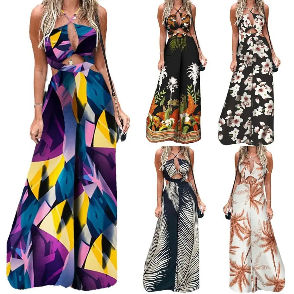 

Fashion Summer Jumpsuit Cross Sling Soft Wide Leg Hollow Out Print Beach Romper Slim Romper Women Jumpsuit