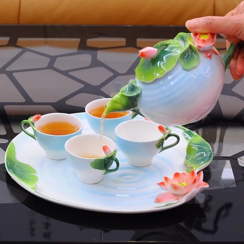 

New fashion enamel Bone China Lotus 6 tea set set Chinese elegant creative ceramic mug Mug wholesale