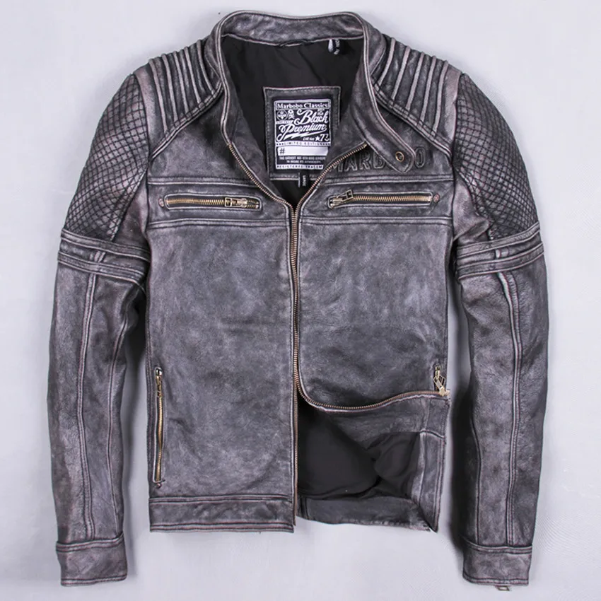 

Винтажная кожаная мужская куртка с узором, приталенная мотоциклетная куртка из натуральной воловьей кожи, серое пальто в стиле панк, ветроз...