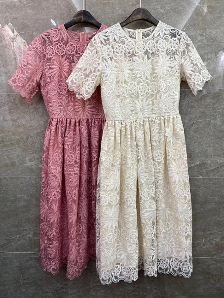 

2021 Luxury Dress Summer Style Party Women O-Neck Allover Exquisite Embroidery Short Sleeve Mid-Calf Length Apricot Pink Dress