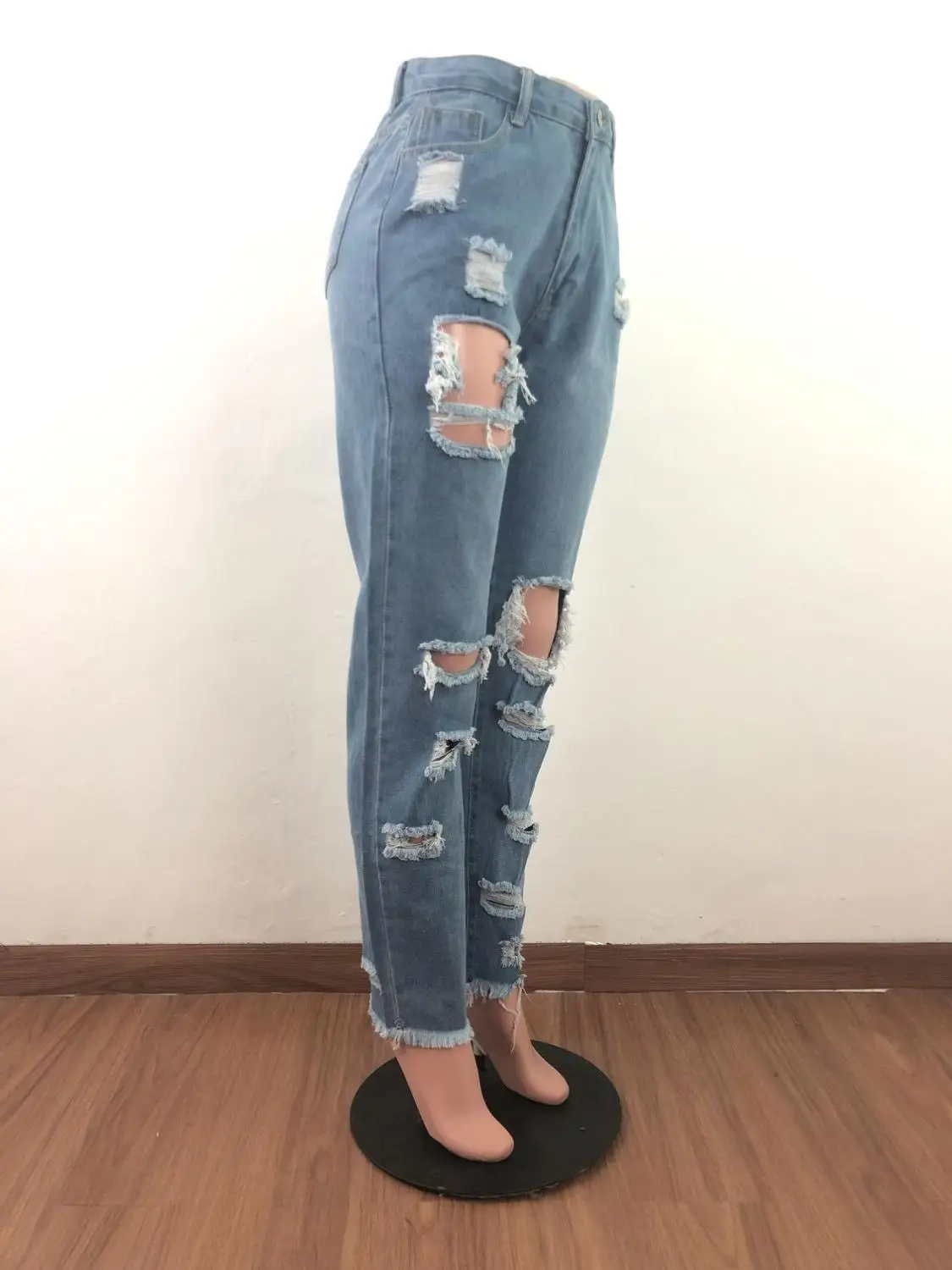 Женские повседневные длинные джинсы на молнии с дырками и высокой талией брюки