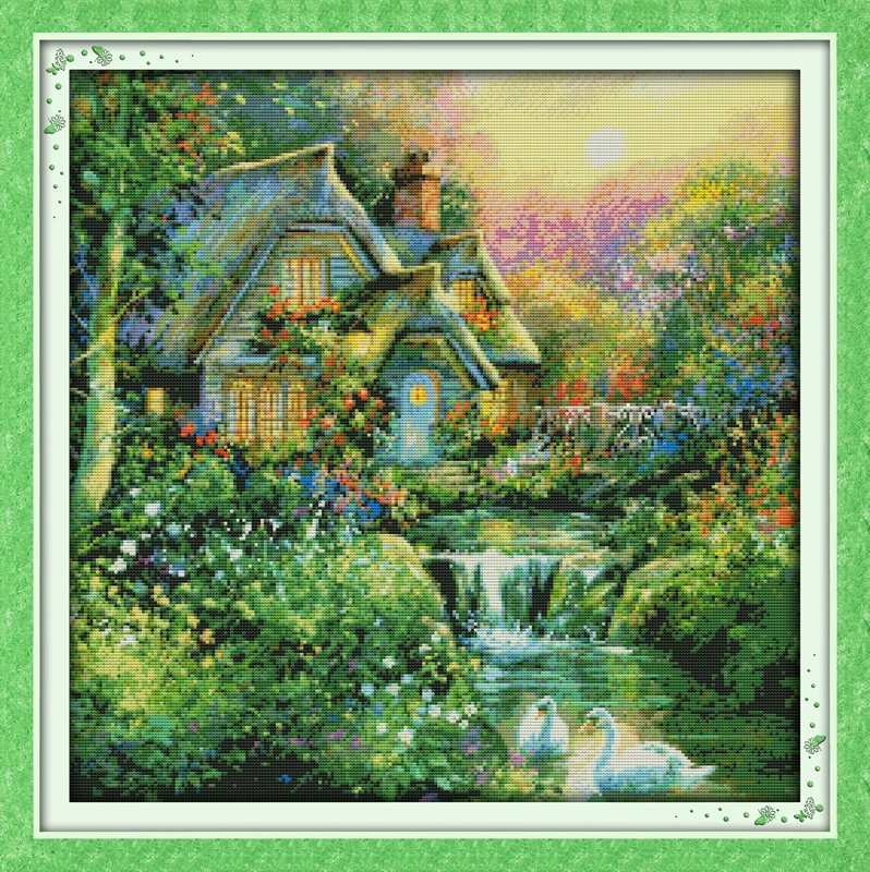 

Country cabin (2) cross stitch kit lanscape garden 14ct 11ct count printed canvas stitching embroidery DIY handmade needlework