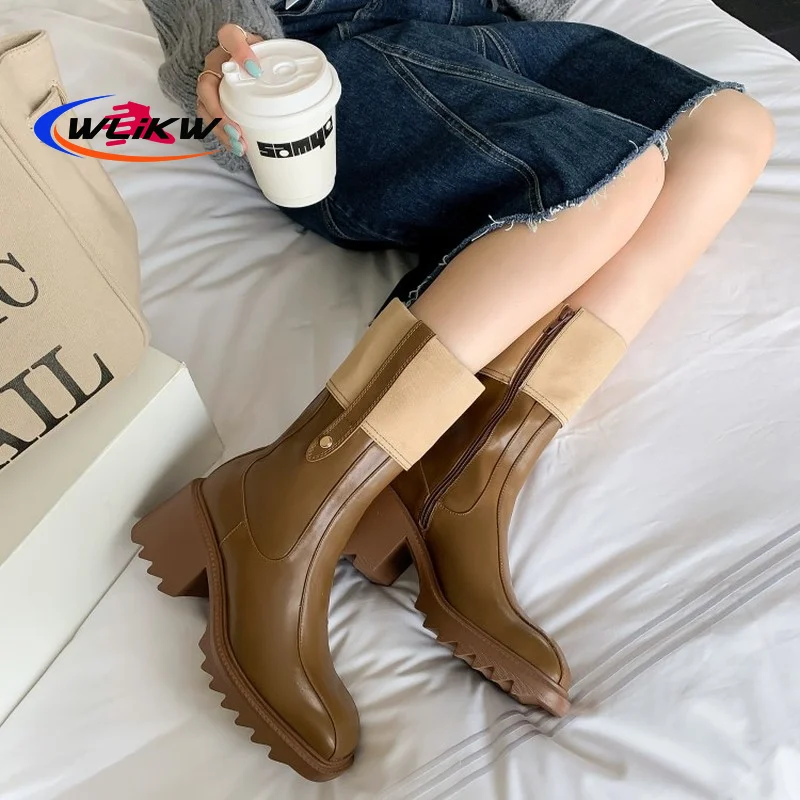 

Женские ботинки до середины икры, из натуральной кожи, с квадратным носком, на молнии