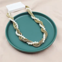 gold simulated pearl beads chains twisted trendy necklace charm choker necklace for women bridal collier femme statement jewelry