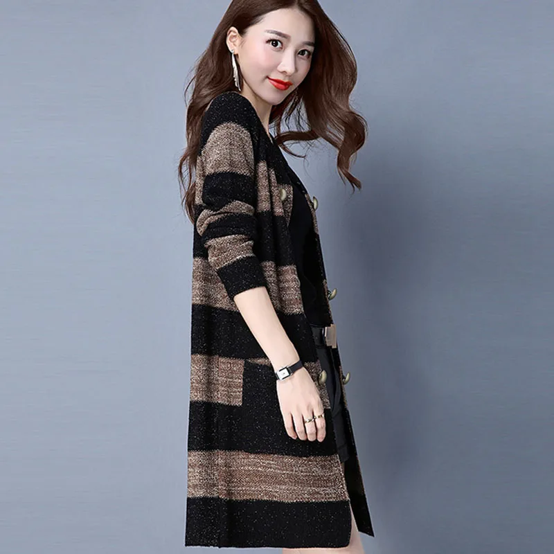 Women Spring And Autumn Sweater Coat New Womens 2020 Knitted Cardigan Large size Striped Medium long OK056 |