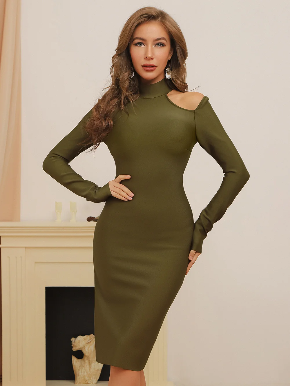 2021 Women Spring New Knee-Length Bandage Dress Sexy Strapless Round Neck Long Sleeve Side Slit Dress Bodycon Club Party Dress