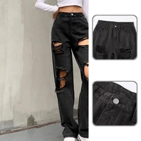 skin friendly cool button closure high waist ripped jeans button closure women jeans irregular for dating