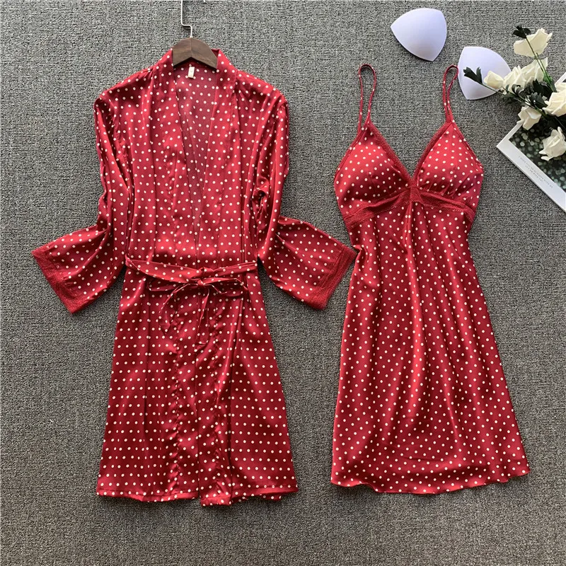 Женский Атласный халат кимоно с принтом в горошек комплект свадебного банного