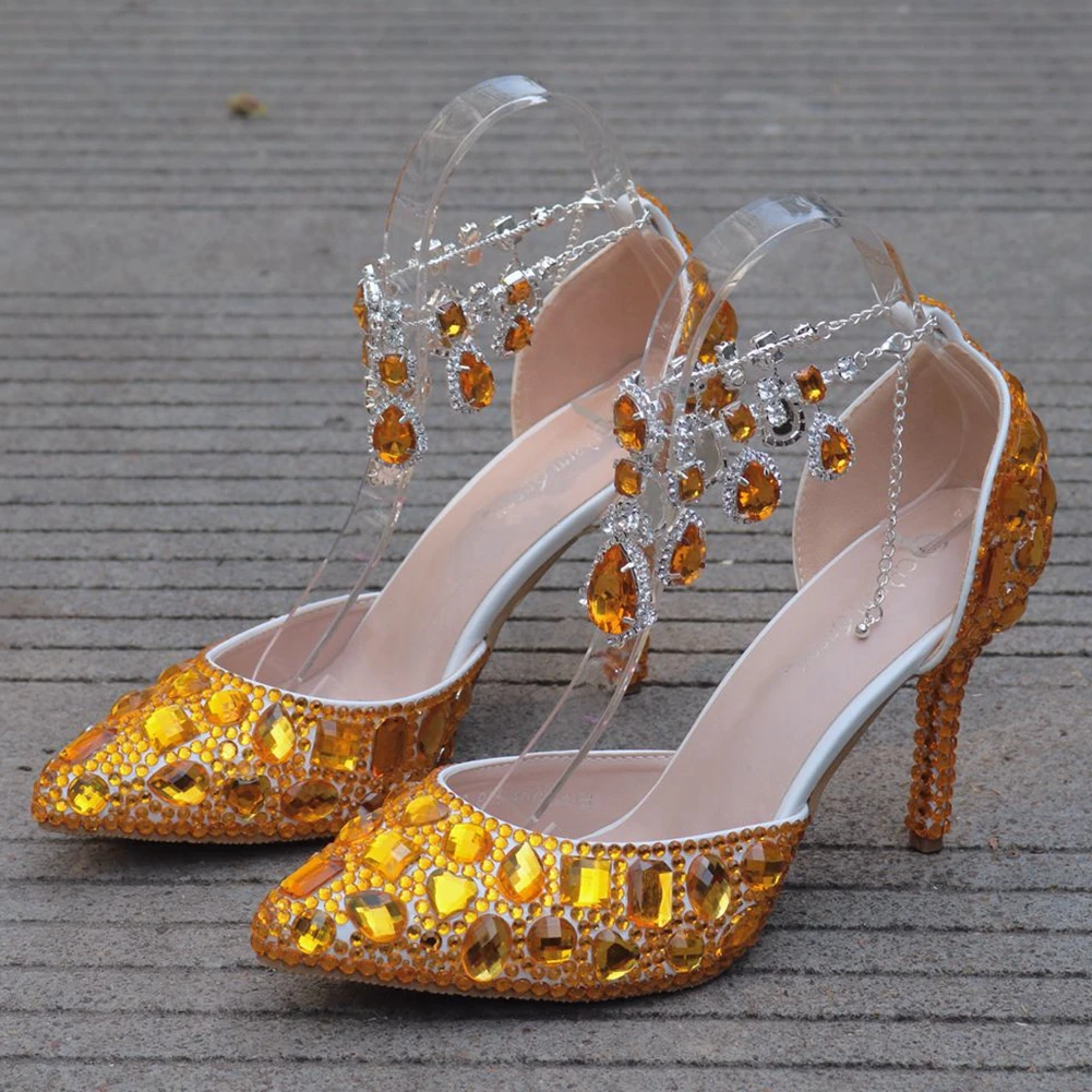 

BONJOMARISA office lady bling rhinestone party pumps high heels luxury brand pumps women summer crystal stylish shoes woman