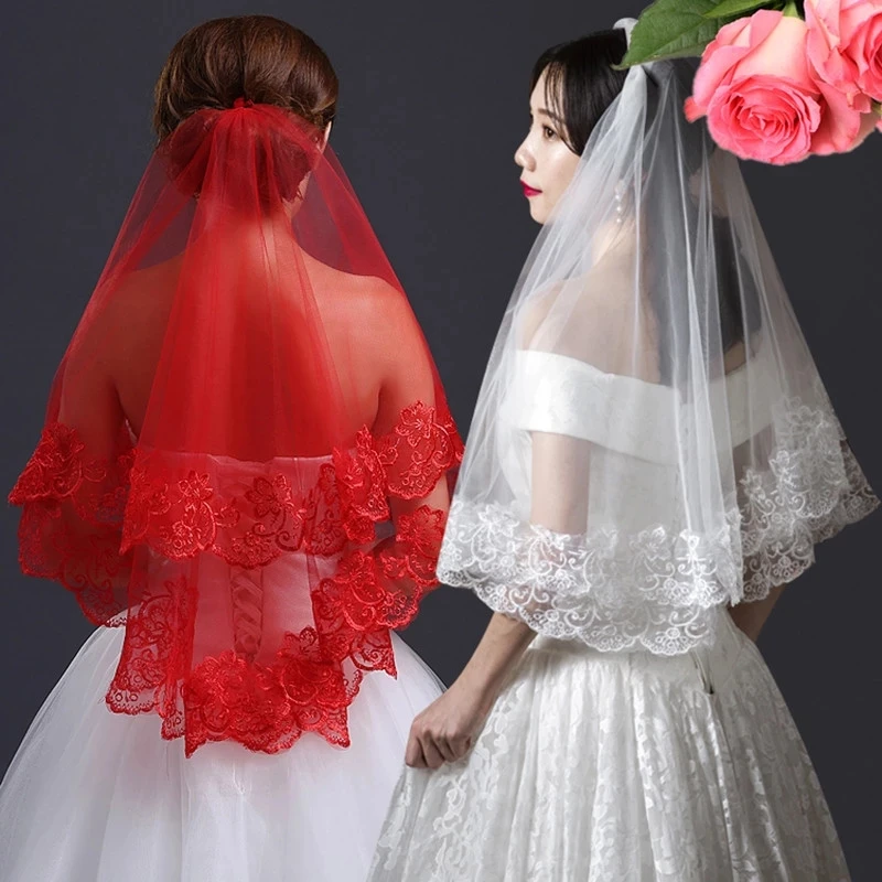 

Women Bridal Short Wedding Veil White One Layer Lace Flower Edge Appliques White Ivory Red