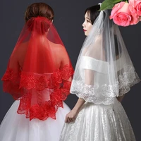 women bridal short wedding veil white one layer lace flower edge appliques white ivory red