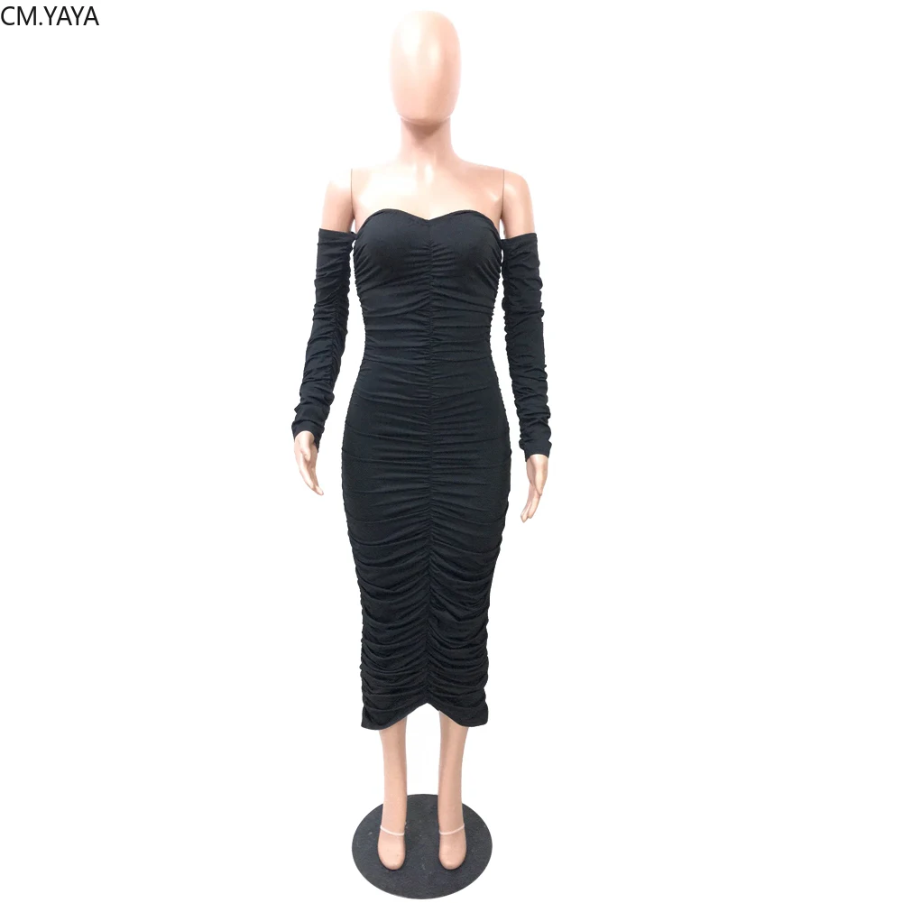 Женское платье миди с длинным рукавом без бретелек открытыми плечами|Женские