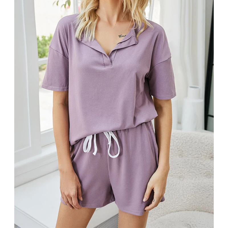 

Summer Shorts Tracksuit Suit V Neck Loose T-shirt Drawstring Shorts Women's 2 Piece Set Two Piece Set Women New Wholesale 2021