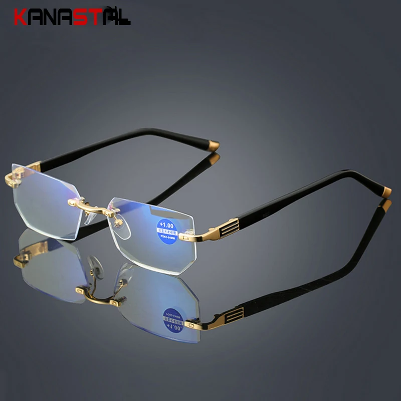 

Anti Blue Ray Reading Glasses Women Dimond Cutting Rimless Eyewear Men Anti Fatigue Hyperopia Presbyopic Glasses +1.5