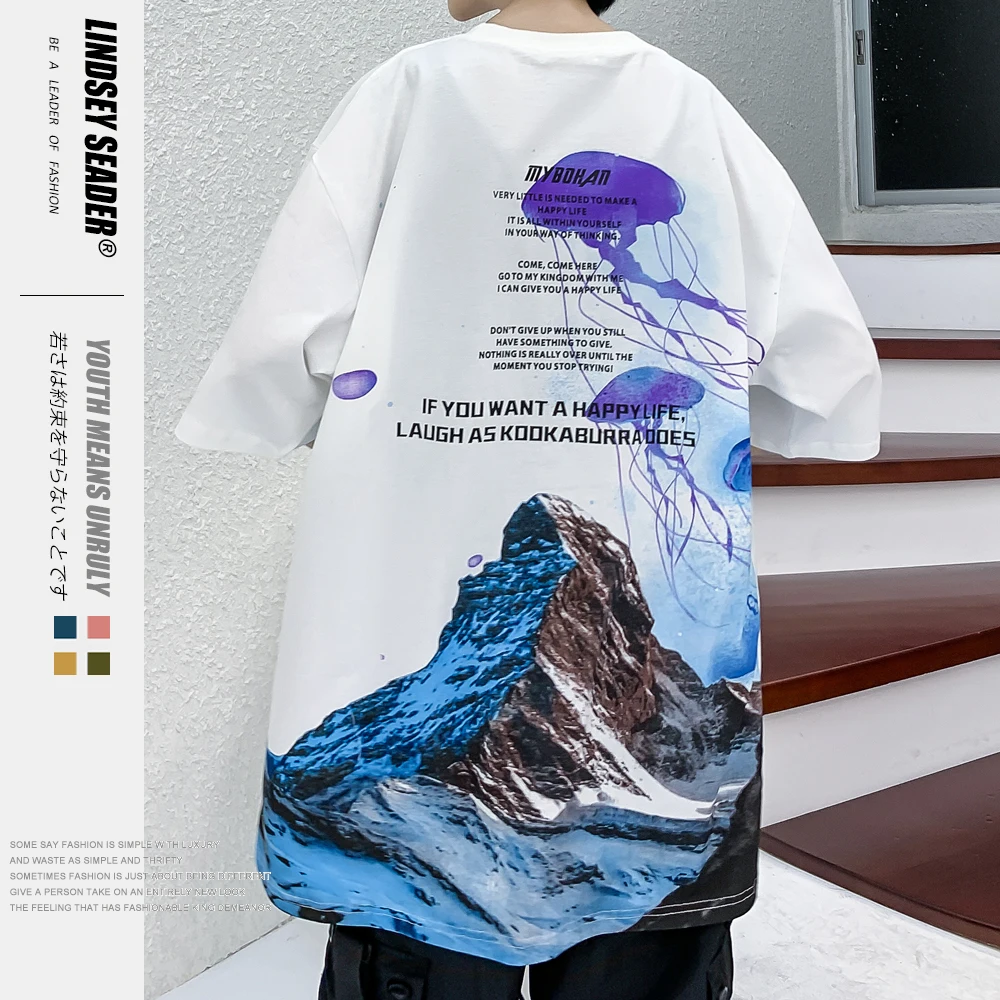 Lindsey Seader Jellyfish Mountain Print Short Sleeve Tshirts Streetwear Hiphop Casual T Shirt Men Fashion Summer Hispter Top Tee | Мужская
