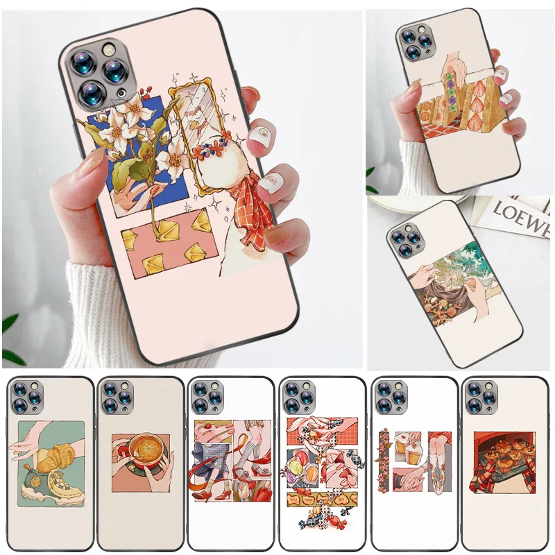 

Phone Case For iPhone 12 11 XS XR X 8 7 6 Plus Pro MAX SE 2020 Back Cover Cute Cartoon Laconic Vintage Painting Soft TPU Funda