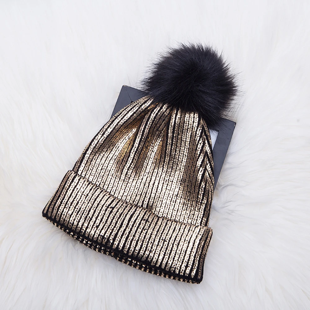 

Knitted Bronzing Gold Silver Beanie Cap Pompom Winter Hats For Women Fur Pom Pom Ball Hat Ladies Girls Warm Skullies Beanies