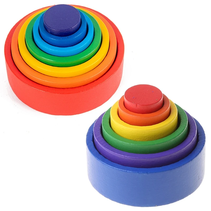 

C5AA Wood Rainbow Blocks Natural Wooden Toy Children Block Rainbow Toy Building Block Educational Toy Gift
