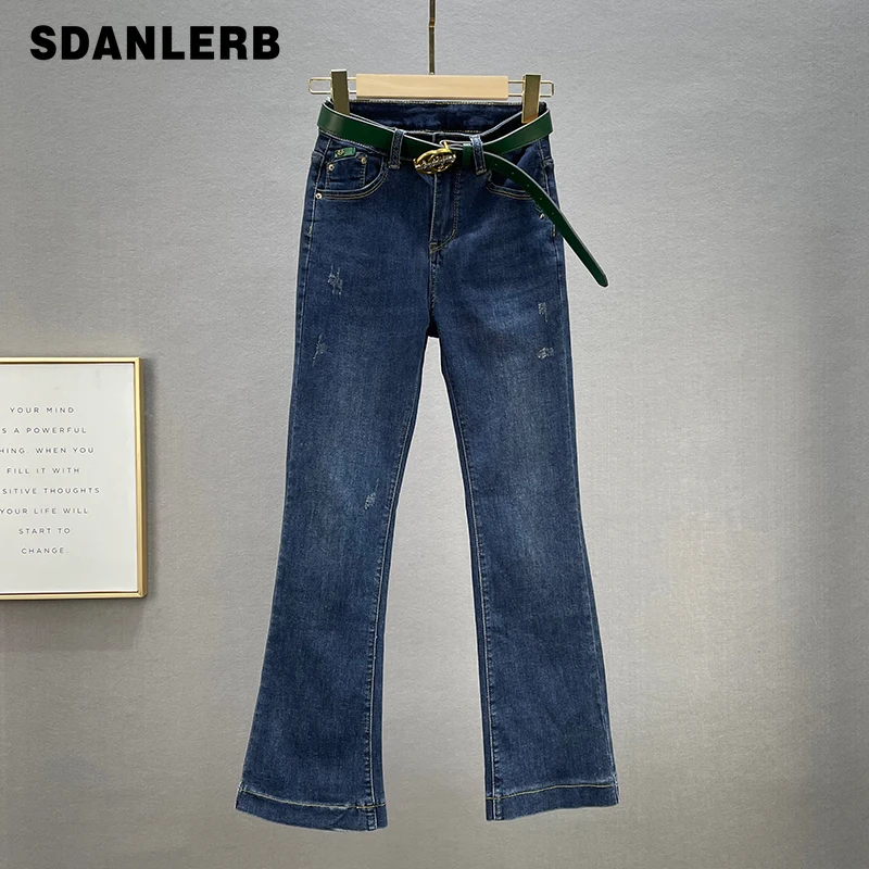 

Женские узкие джинсы темно-синего цвета, модные облегающие джинсовые брюки с высокой талией, расклешенные брюки с завышенной талией, осень ...