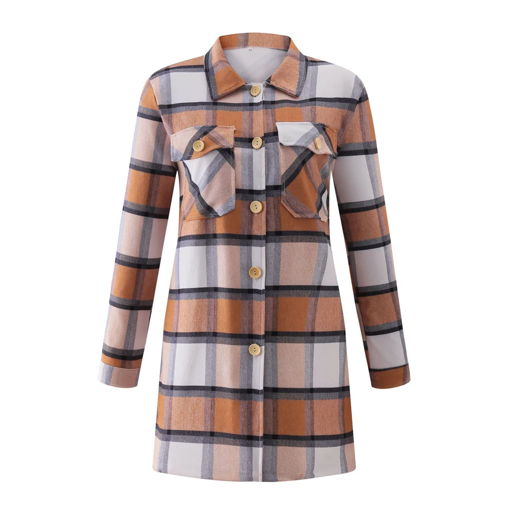 

Autumn and winter long - sleeved single - breasted long - style coat, printed checked shirt Main fabric composition: Polyester f