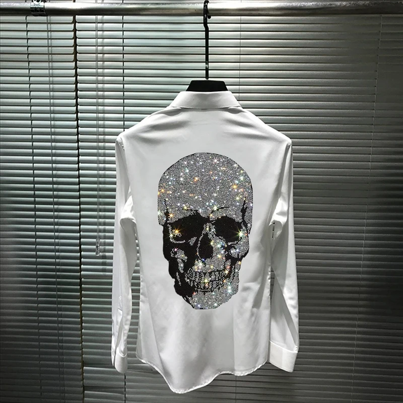 Mn Skull Style Long-Sleeved Night Business Overalls Exquisite Solid Color Hot Diamond Men's Formal T-Shirt Slim Fit