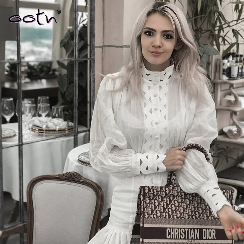 OOTN Белое Женское модное платье рубашка с длинным рукавом повседневное