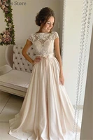 light champagne prom dress short sleeves laces one neck a line satin sweep train illusion buttons back evening dress vestidos