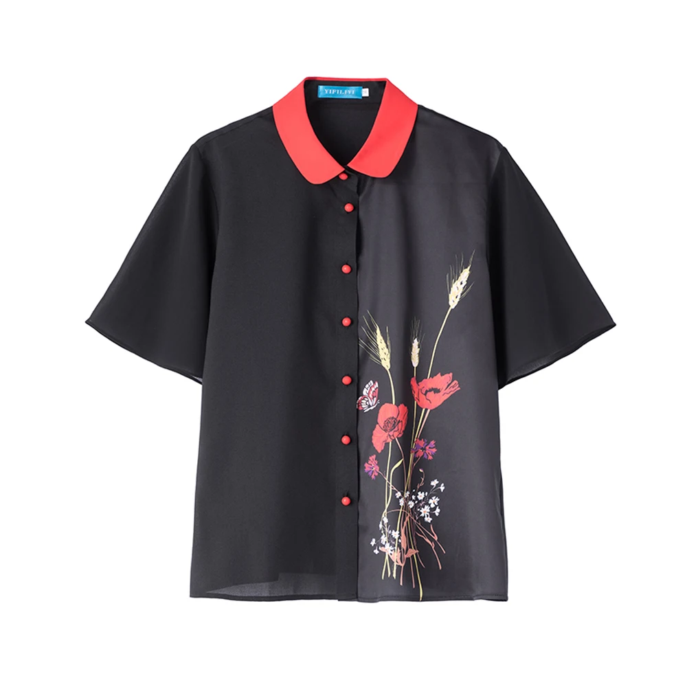 

Floral Printed Silk Satin Shirts For Women 2021 Summer New Short Sleeved Original Design Stitching Black Blouses Woman Tops