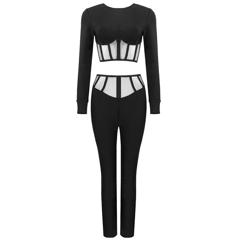 

2020 new Neck Long Sleeve waist lace cut out two piece top and stretch slim