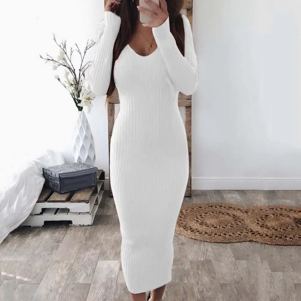 

Sexy Women Dress Long Sleeve V Neck Backless Ribbed Bodycon Slim Knitted Midi Dress Women's Clothing Black 3XL
