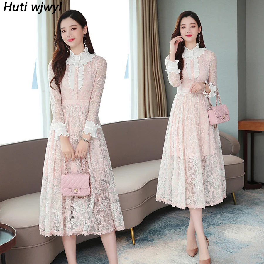 Винтажные розовые кружевные платья миди Осень-зима 2020 Женская сплошная шикарная